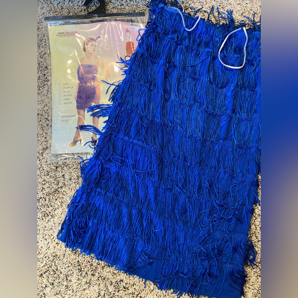 COSTUME Blue flapper costume dress. Size: standard. Stretchy fabric.